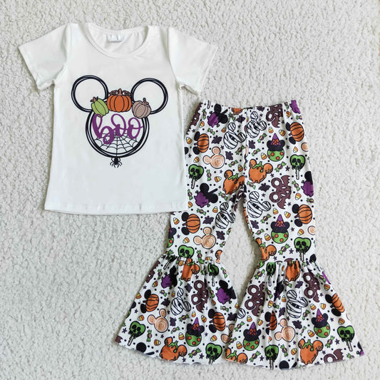 Boo cartoon short sleeve T-shirt Girl bell bottom pants set