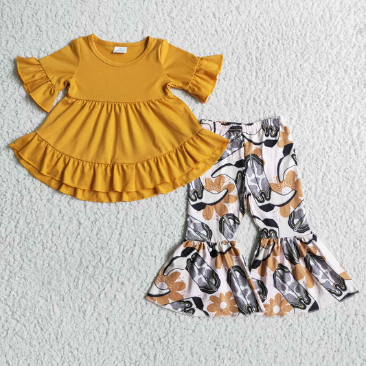 Yellow ruffle short sleeve Tunic Dress Top bell bottom pants set