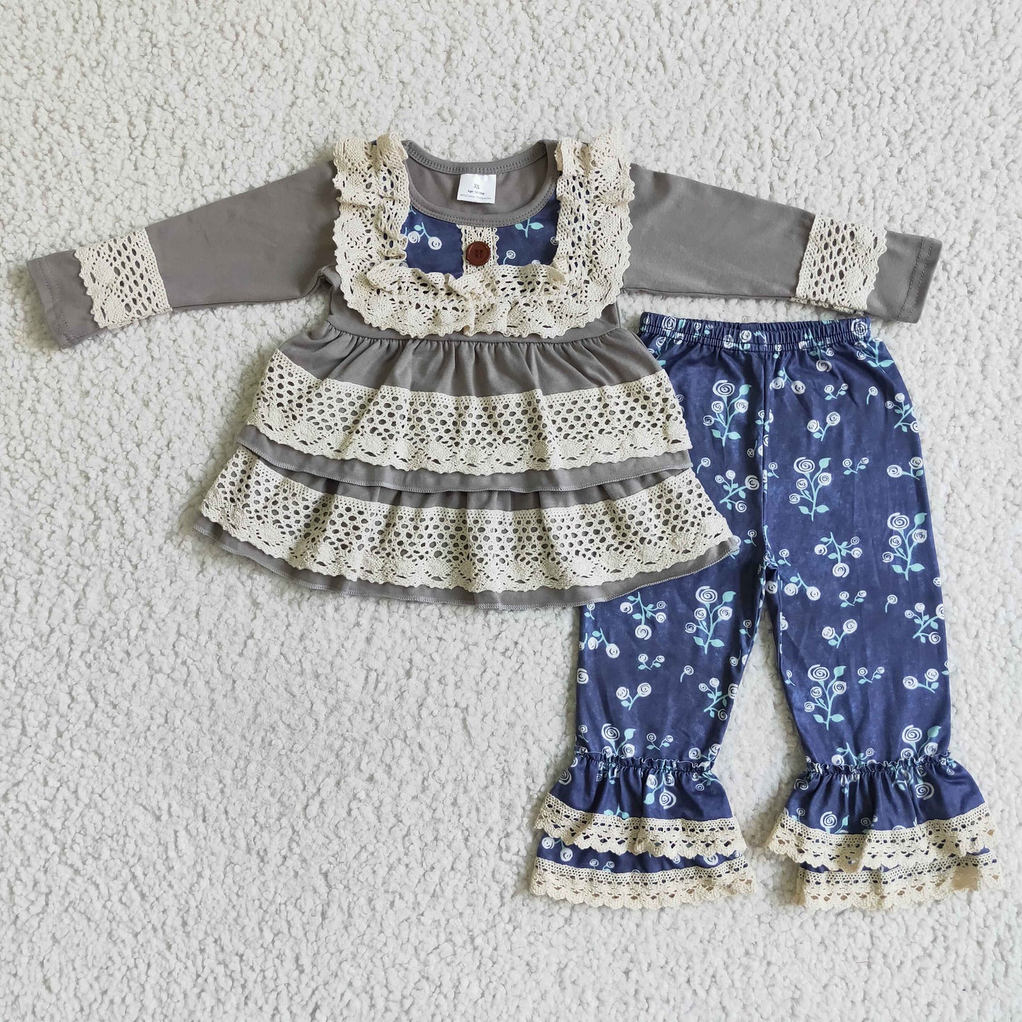 6 A28-2 baby girl Grey Lace Tunic Dress Long Pants Set-promotion 2023.12.23