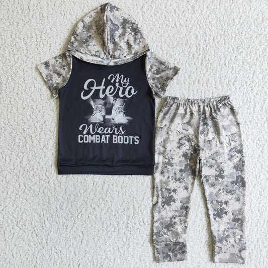 Heifer Combat Boots Short Sleeve Hoodie Top Long pants set