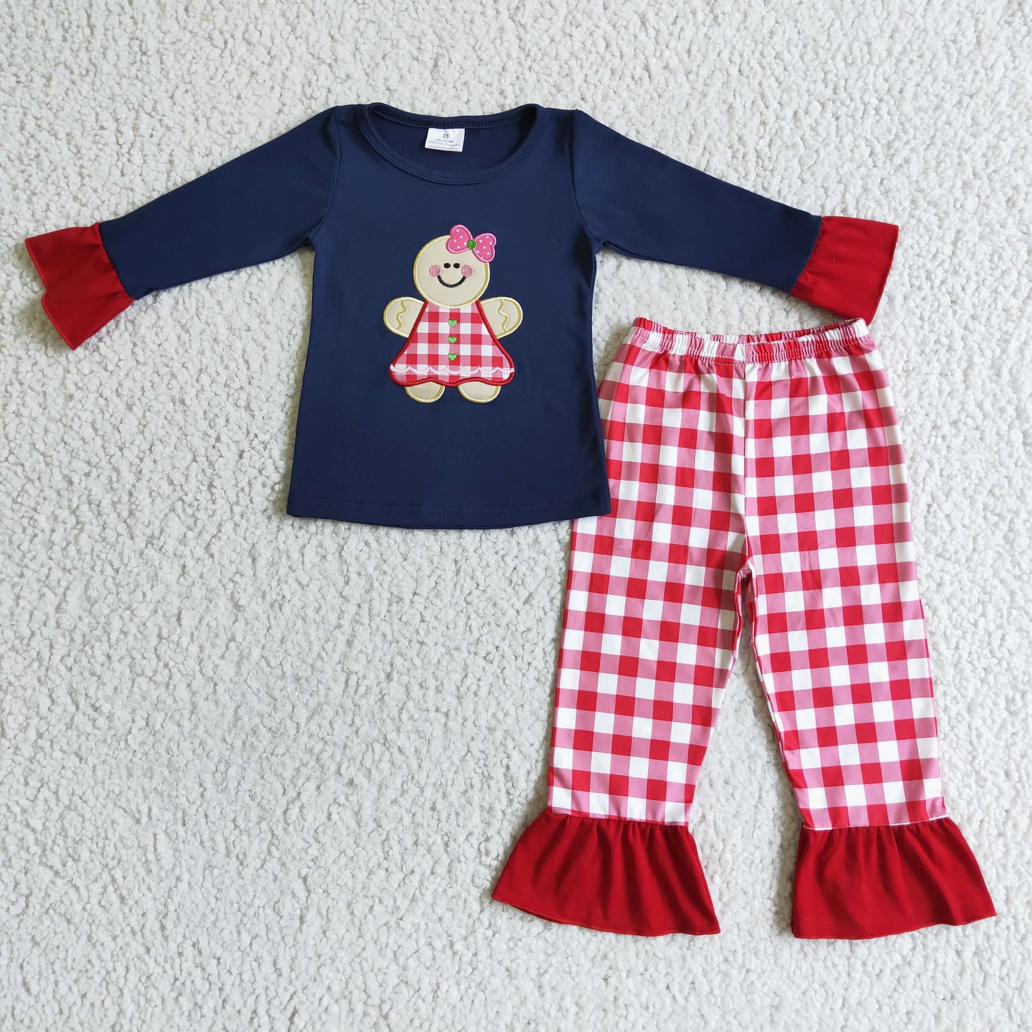 Christmas Embroidery long sleeve Top Red Plaid pants set