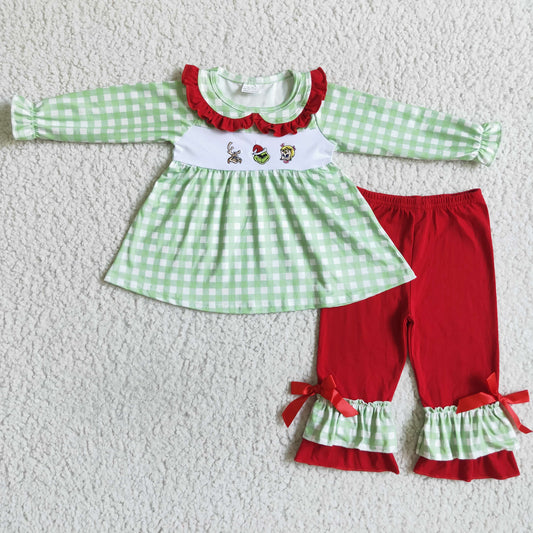 Christmas Embroidered Tunic Long Sleeve Top Girl ruffle pants set