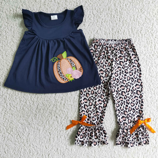 girls pumpkin embroidered navy leopard suits GSPO0133