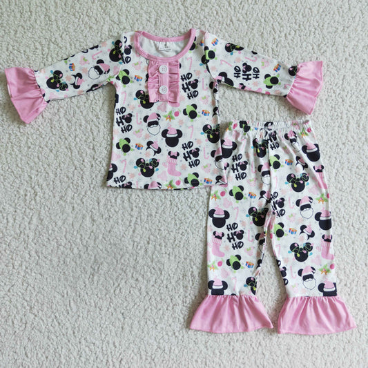 Christmas girl Pink long sleeve Top long pants pajamas set