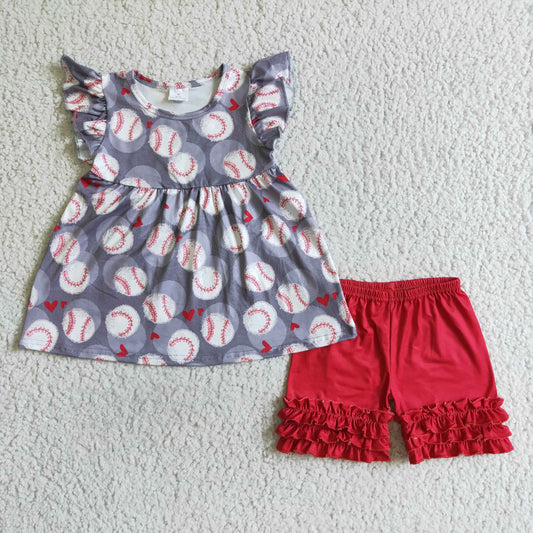 Baseball flutter sleeve Top ruffle shorts set