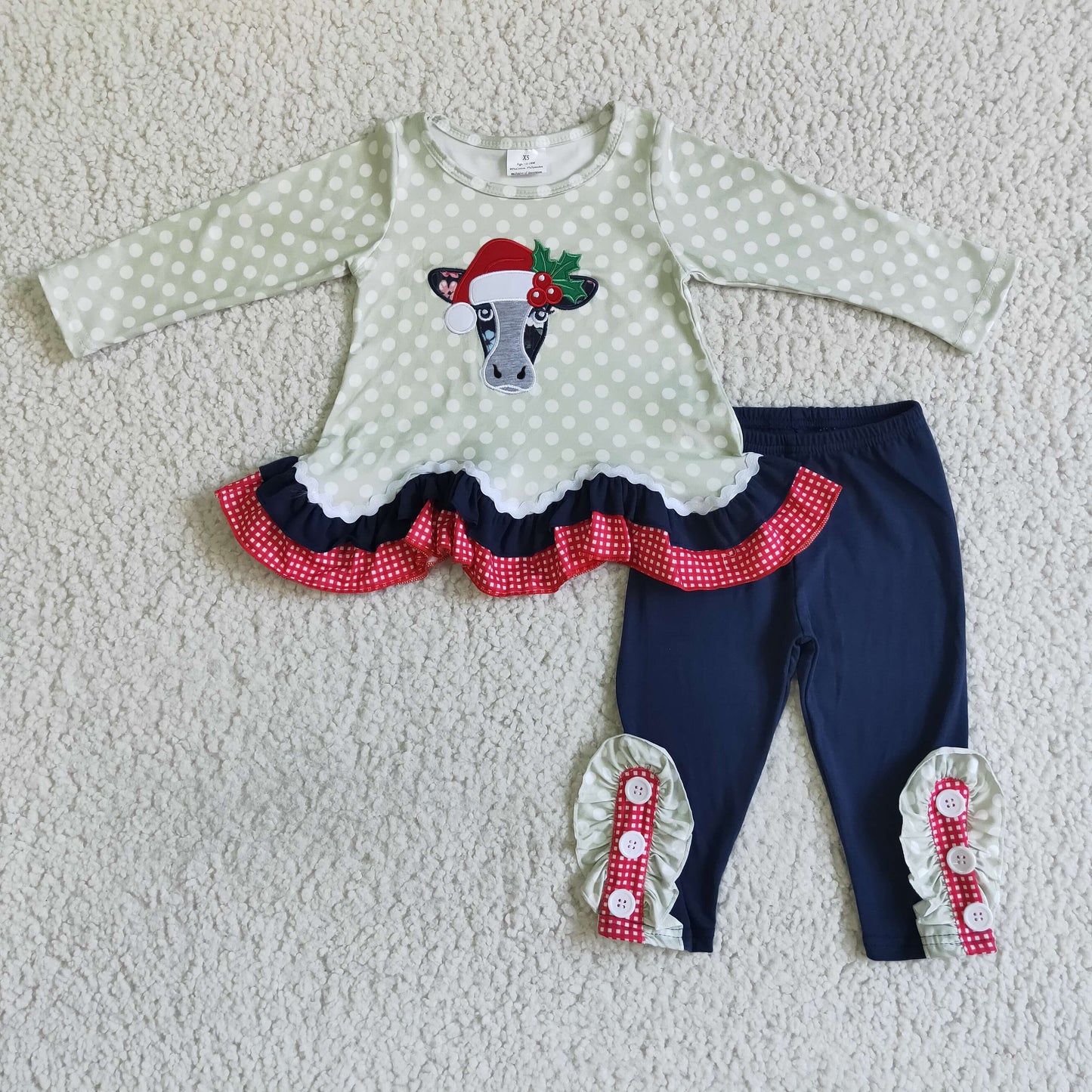 Christmas Embroidery Heifer long sleeve Top legging pants set