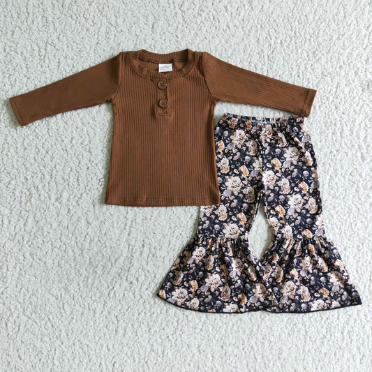 Brown long sleeve Top Floral bell bottoms pants set