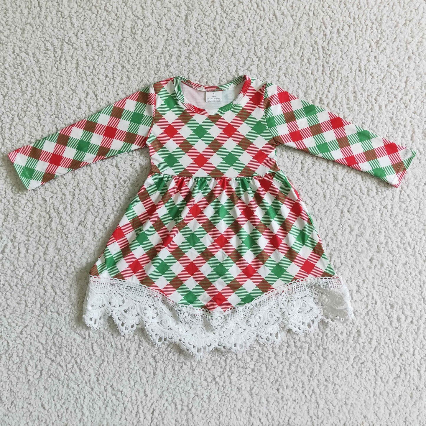 Christmas Red Green Plaid Long sleeve Lace Dresses