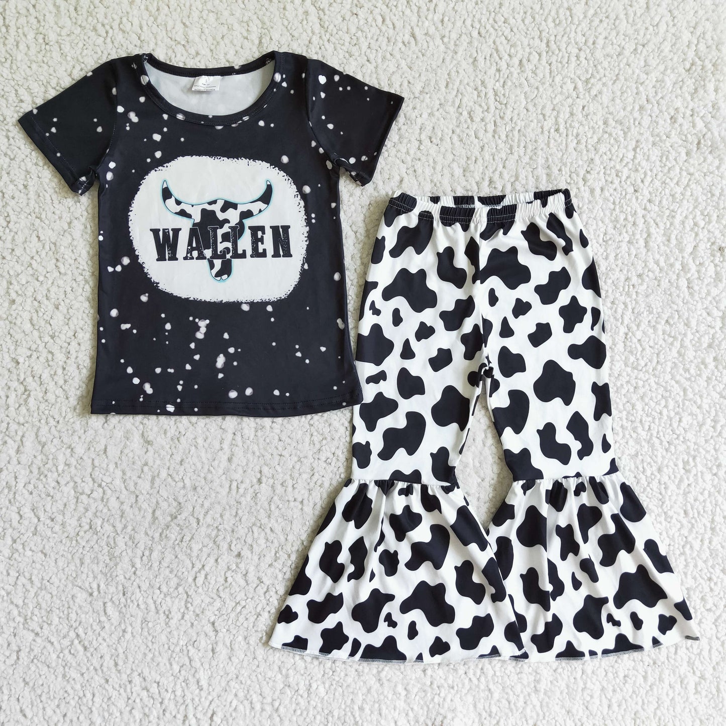 Wallen Bleached Black T-shirt cow print bell bottoms Pants Outfit