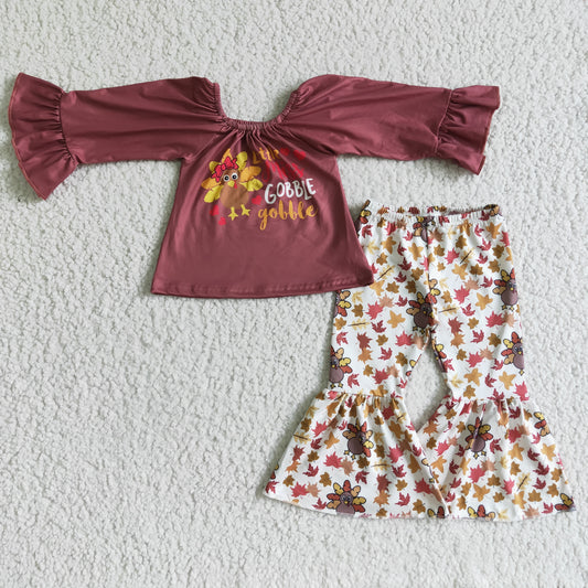 Gobble Red brown top bell bottom pants set