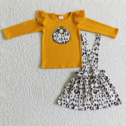 girls leopard Pumpkin tops skirts sets GLD0008