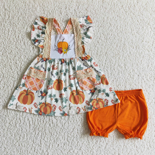 Fall Pumpkin embroidered dress shorts sets GSSO0125