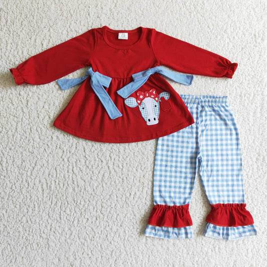 Heifer Tunic long sleeve Dress Blue Plaid ruffle long pants set