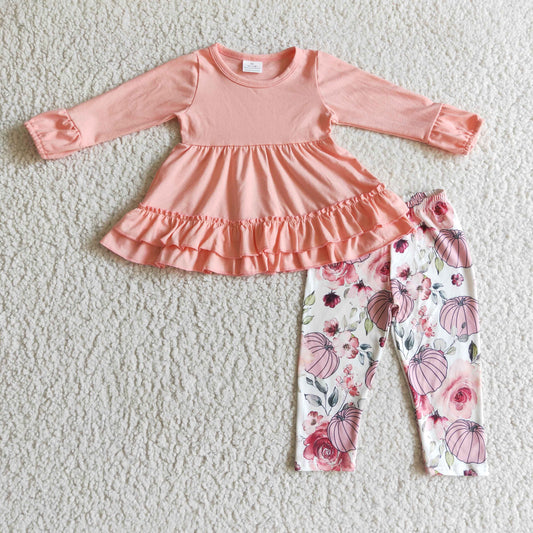 Pink ruffle dress tops pumpkin floral pants sets GLP0265