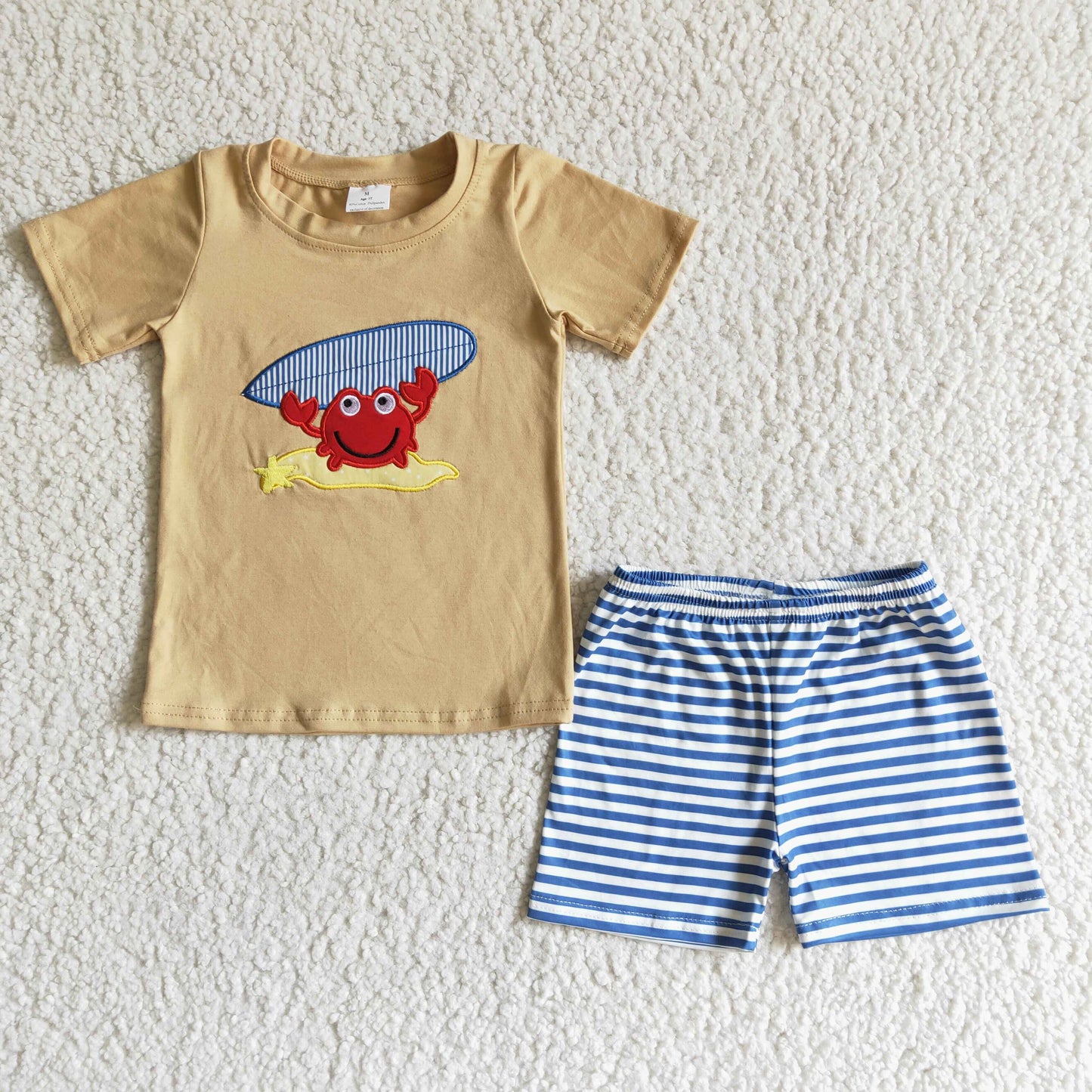 Crab brown embroidered T-shirt blue stripe shorts set