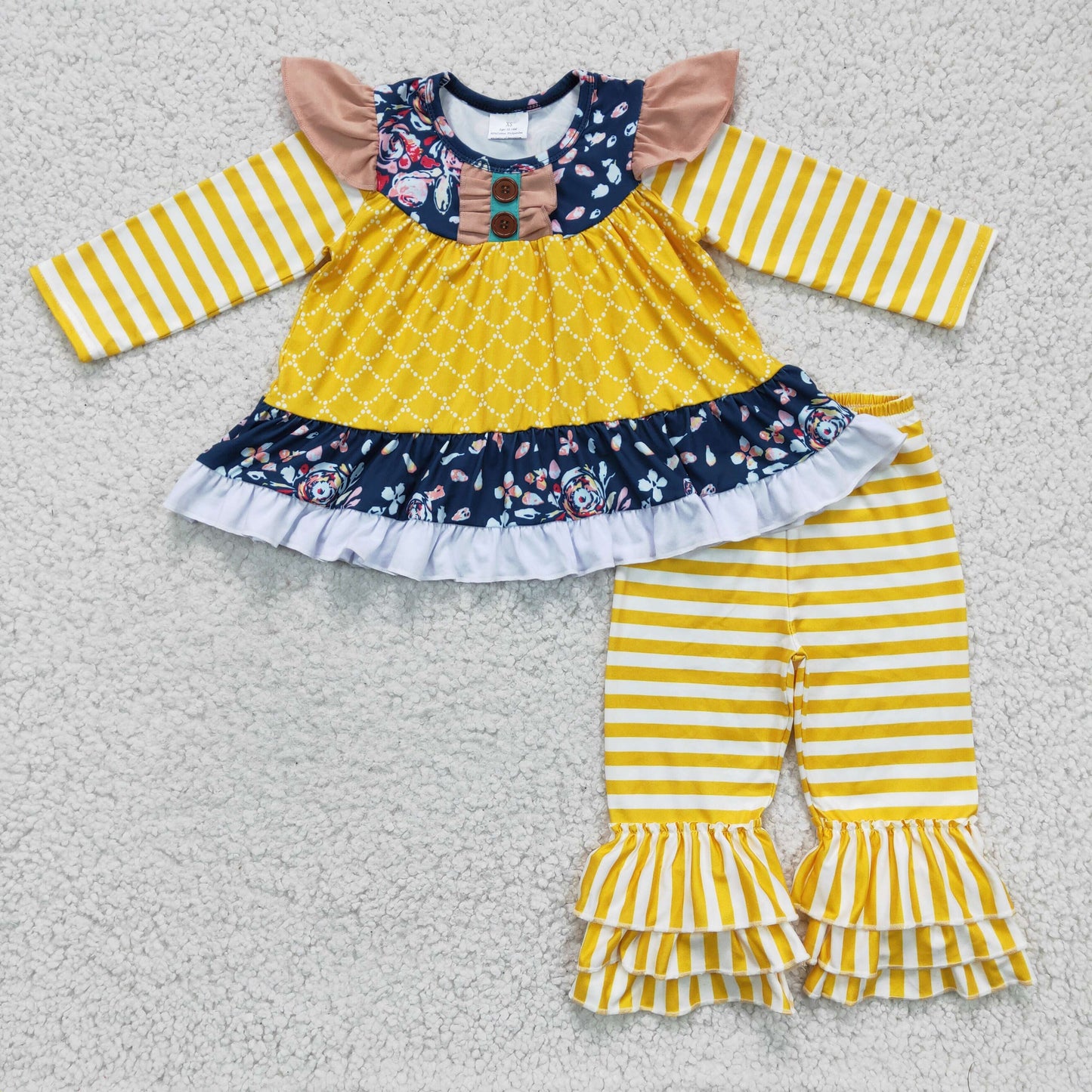 Yellow Tunic ruffle top girl long pants Set