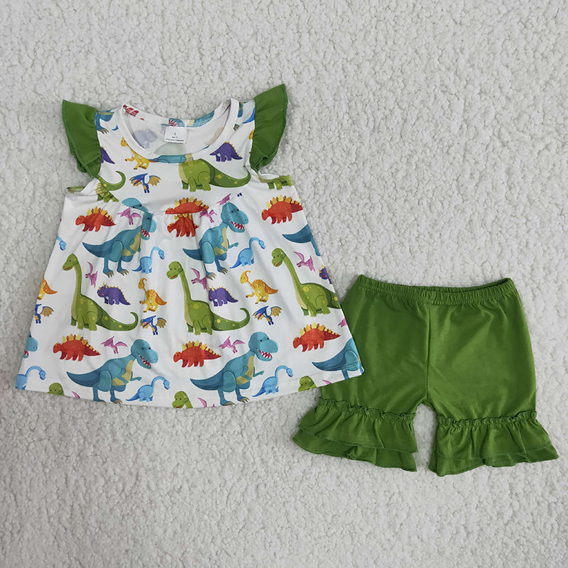 B9-2 Girl Dinosaur Green Shorts Outfit-promotion 2024.3.9