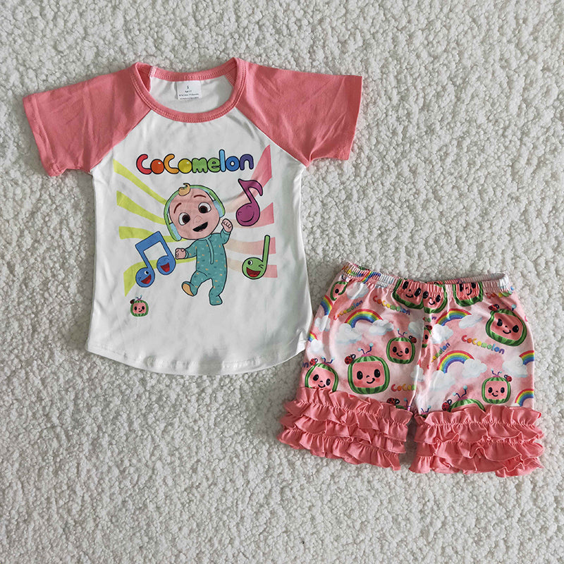 B12-22 Girl Pink Shirt Cartoon Shorts Outfit-promotion 2024.3.9