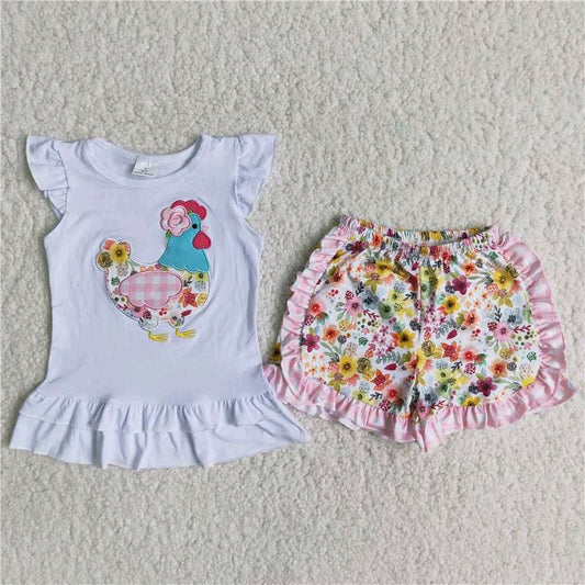 Sunflower Chicken T-shirt Ruffle shorts Set