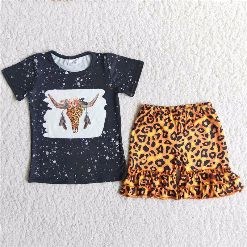 Bull head Black T-shirt leopard ruffle shorts set