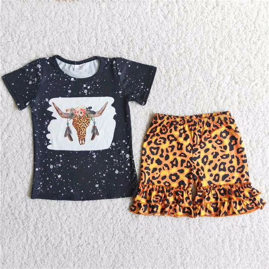 Bull head Black T-shirt leopard ruffle shorts set