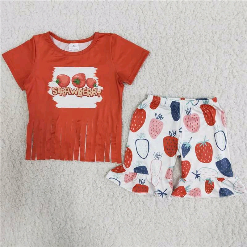 Strawberry  Red tassel T-shirt ruffle shorts set