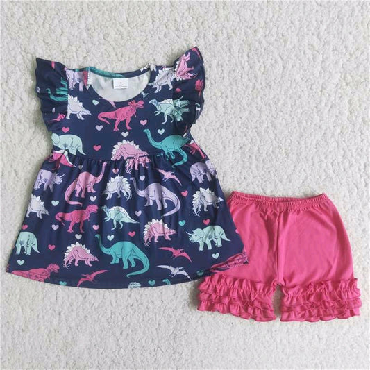 Dinosaur flutter dress rode pink ruffle shorts set