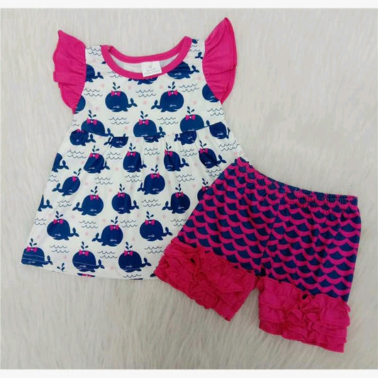 Whale flutter dress scale print pink ruffle shorts set