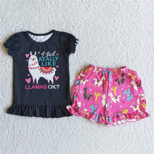 Llamas Black T-shirt Colorful Ruffle shorts Set