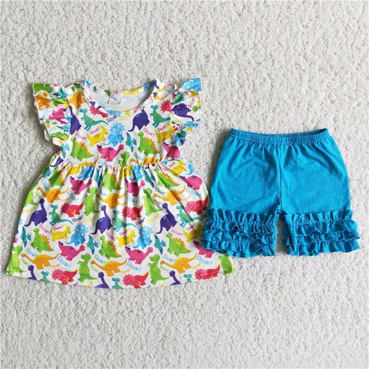 Dinosaur flutter dress blue ruffle shorts set