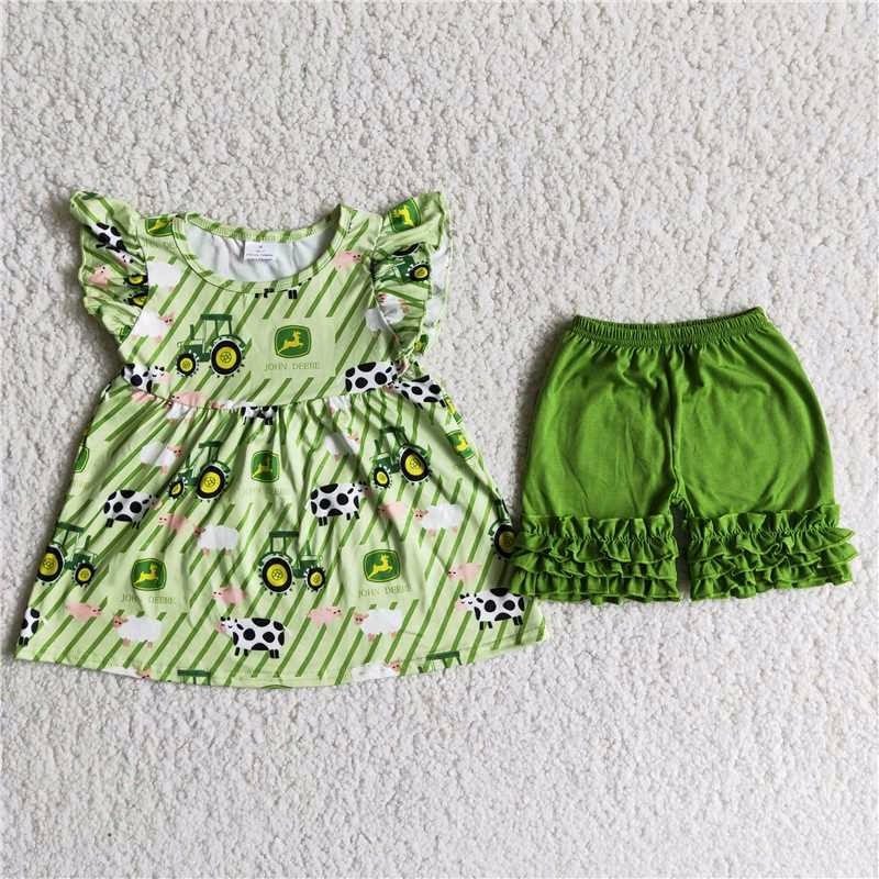 Tractor cow green stripe flutter sleeve top green ruffle shorts set