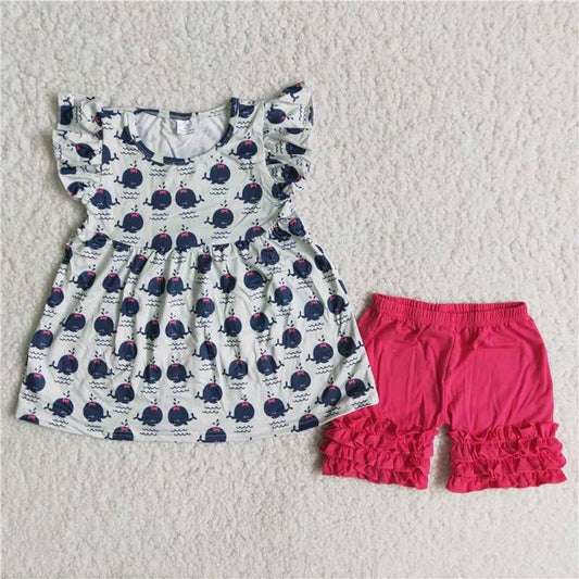 Whale flutter dress pink ruffle shorts set