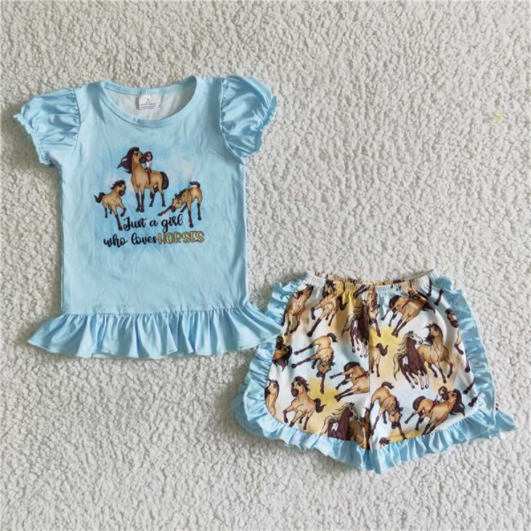 B17-30 Blue Horses Baby Girl Summer Short Sleeve Outfits With Lace-promotion 2024.3.9