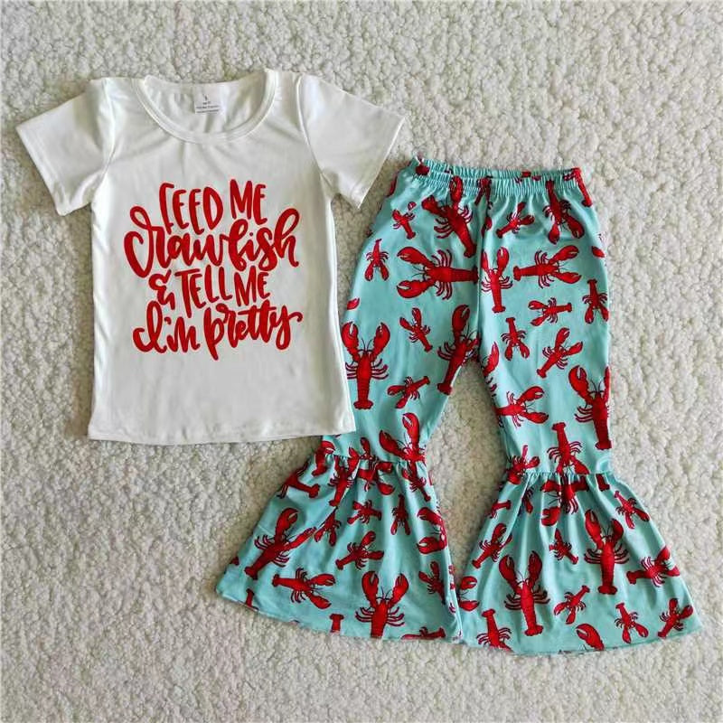 letter white T-shirt Lobster bell bottom pants  Set