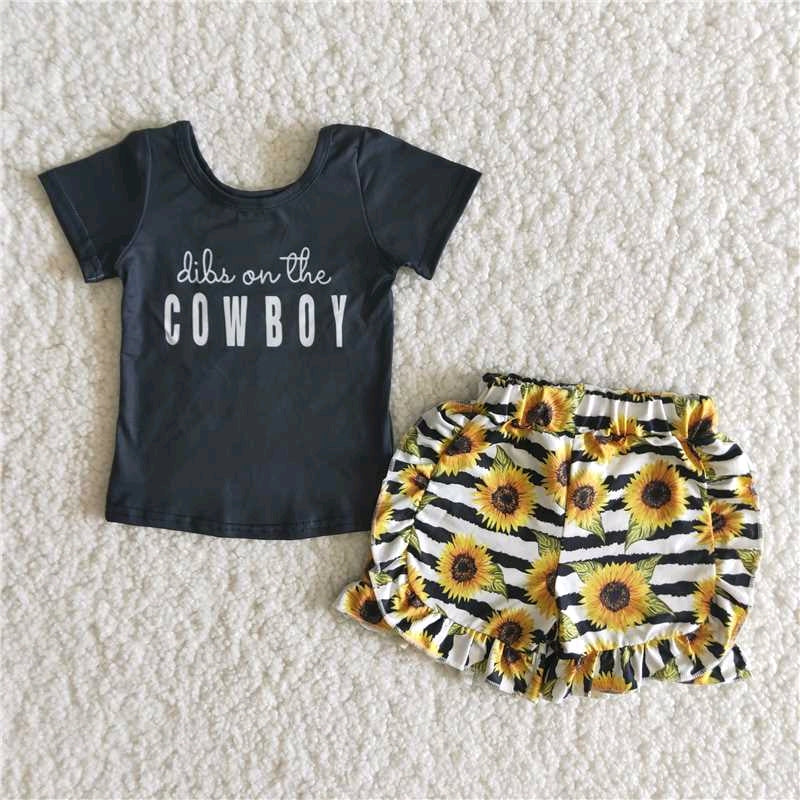 Sunflower Cowboy Black T-shirt sunflower Ruffle shorts Set