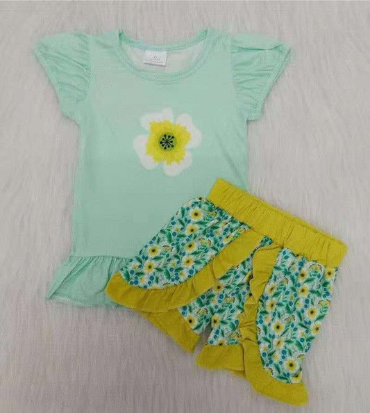 Sunflower Green T-shirt Ruffle shorts Set