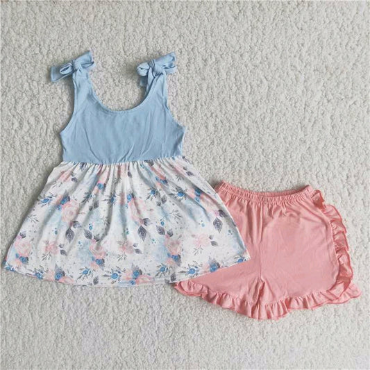 Blue Ruffle dress Top pink shorts Floral set