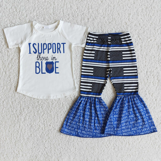 I support those in Blue White T-shirt Star Stripe Letter Bell Bottom Set