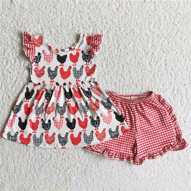 Chicken Girl Short Sleeve Top sunflower Ruffle Shorts Set