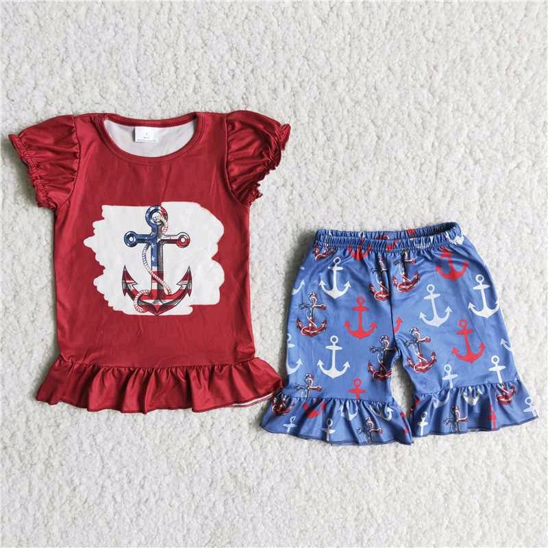 Spear red top blue print ruffle shorts set