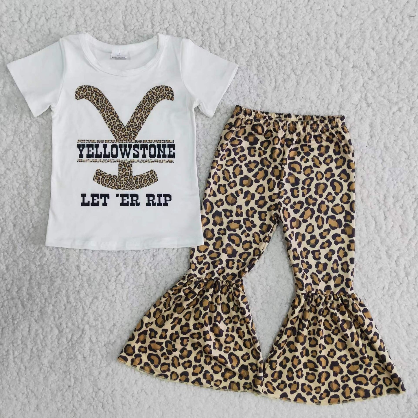 Yellow Stone White T-shirt Leopard Bell Bottom Pants Set