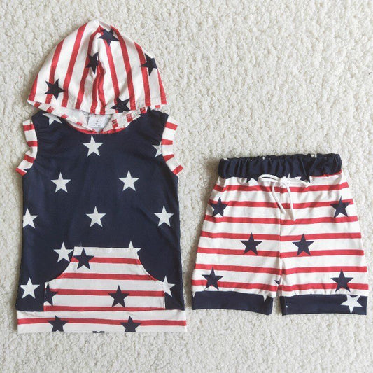 American Flag star print red white stripe Hoodie shorts Set