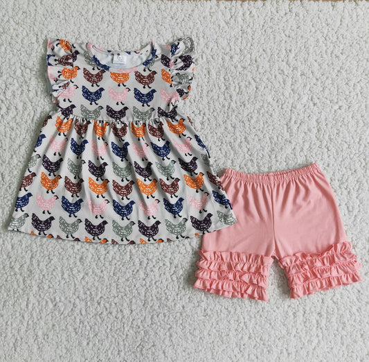 Chicken Girl Short Sleeve Top pink Ruffle Shorts Set