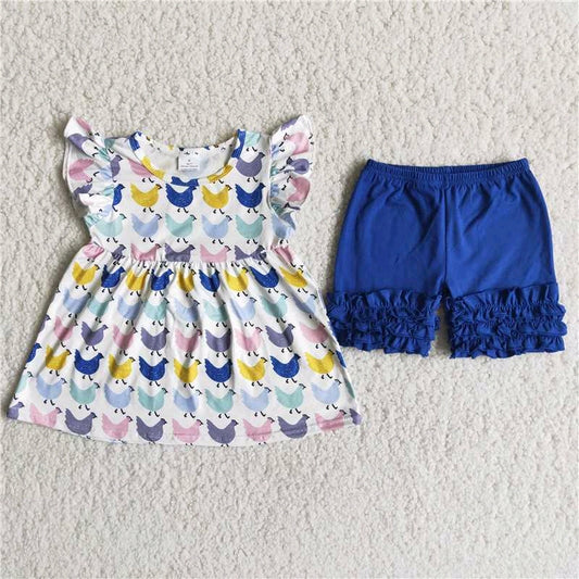 Chicken Girl Short Sleeve Top Blue Ruffle Shorts Set