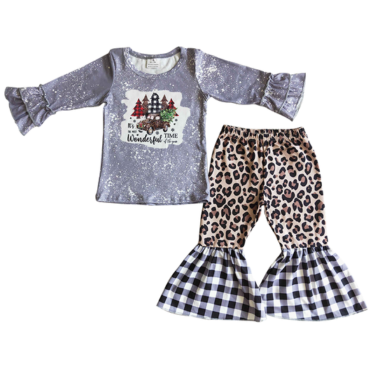 Christmas grey top leopard bell bottom outfit