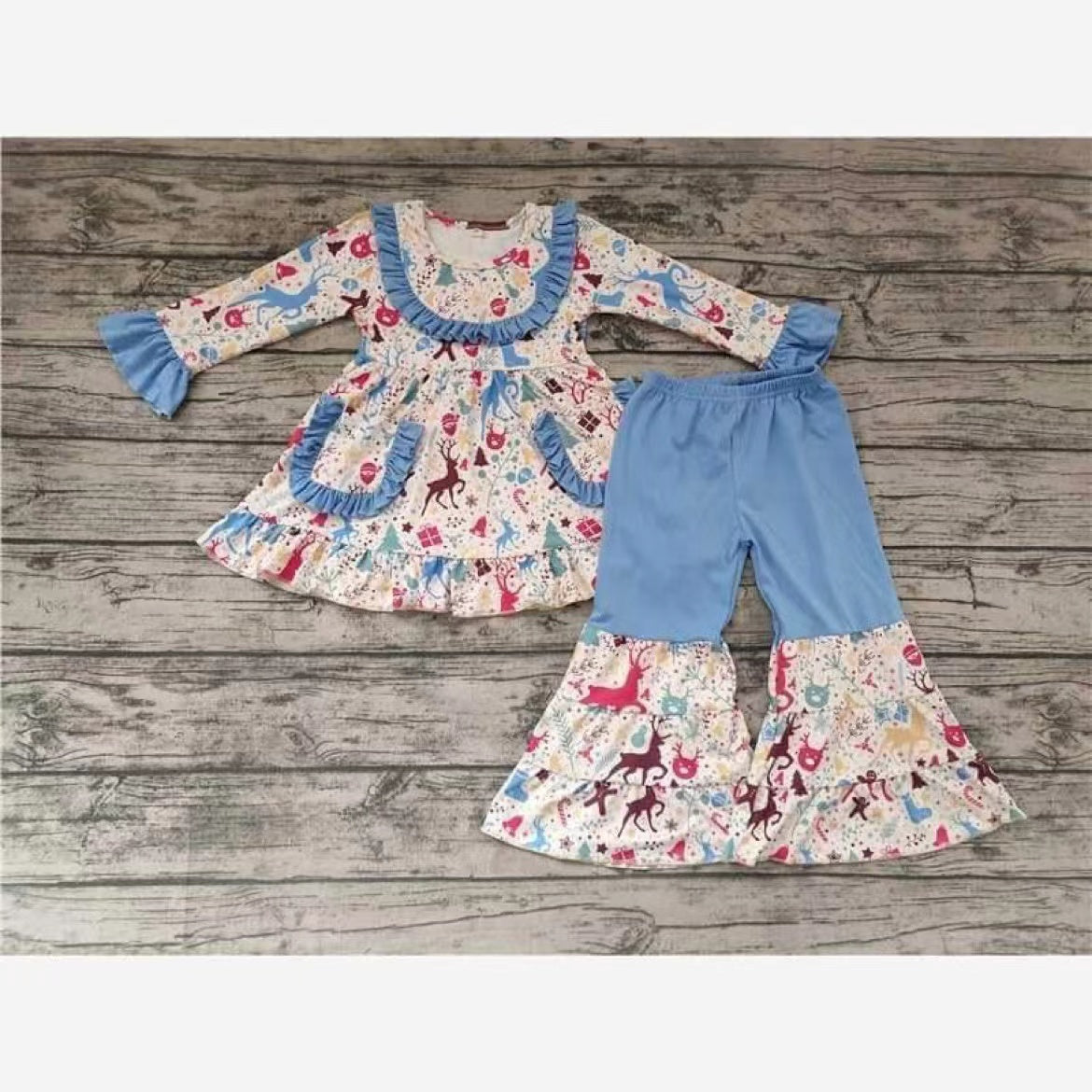 Christmas elk Blue Girl Beautiful Ruffle Pocket outfit