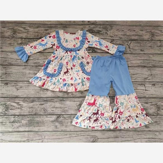 Christmas elk Blue Girl Beautiful Ruffle Pocket outfit