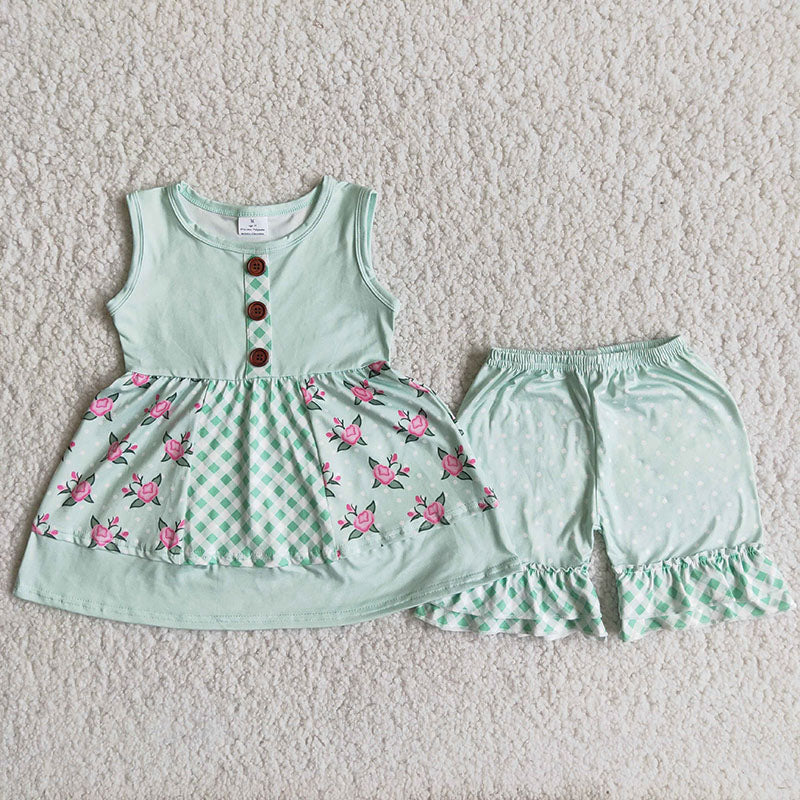 A8-16 Girl Floral Sleeveless Light Green Shorts Outfit-promotion 2024.3.2