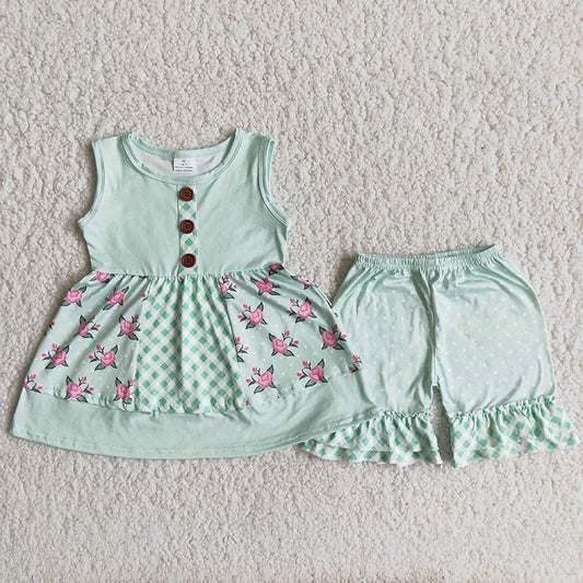 A8-16 Girl Floral Sleeveless Light Green Shorts Outfit-promotion 2024.3.2