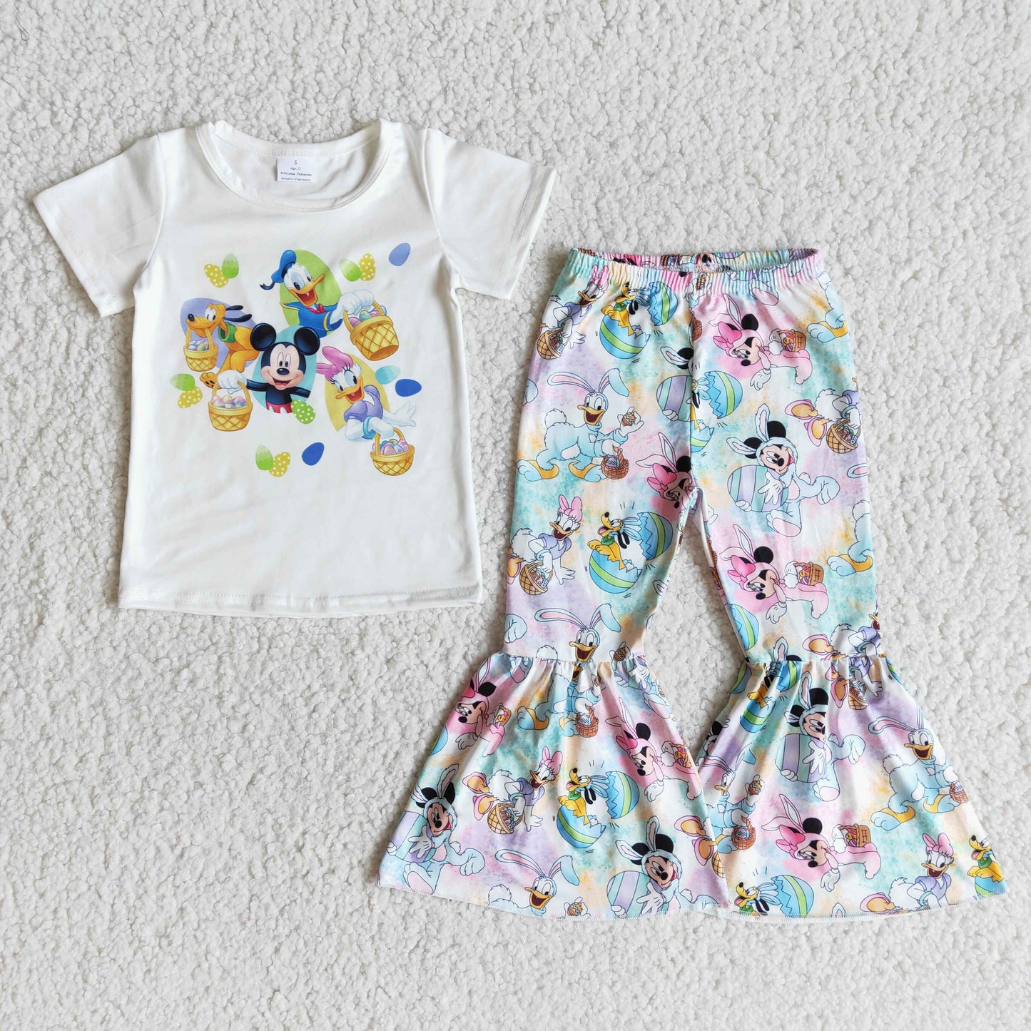 Cartoon White short sleeve T-shirt Long bell bottom pants set